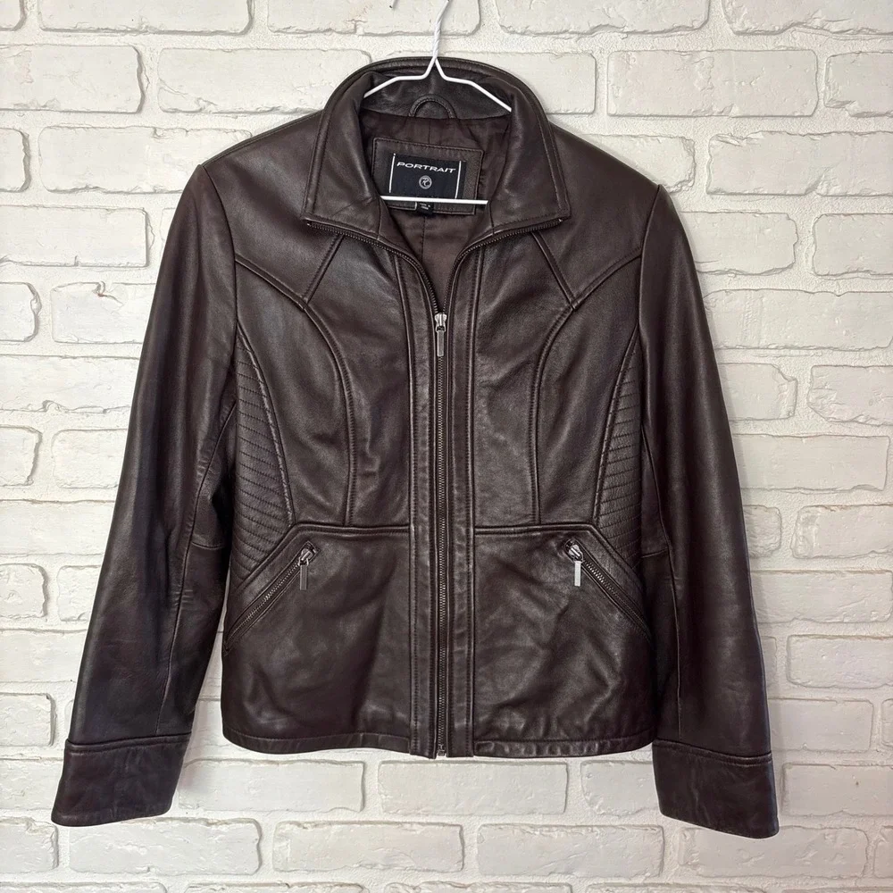 Portrait Vintage Chocolate Brown Leather Jacket Women's Size Medium Petite